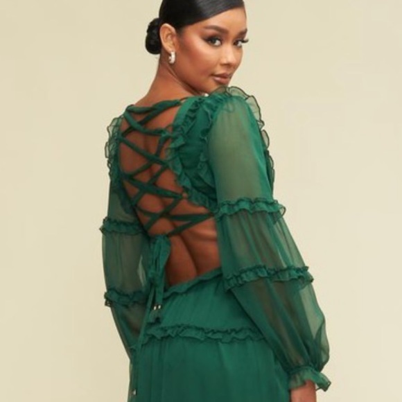 Ruffle Long Sleeve Maxi Dress in Green - Picture 4 of 4